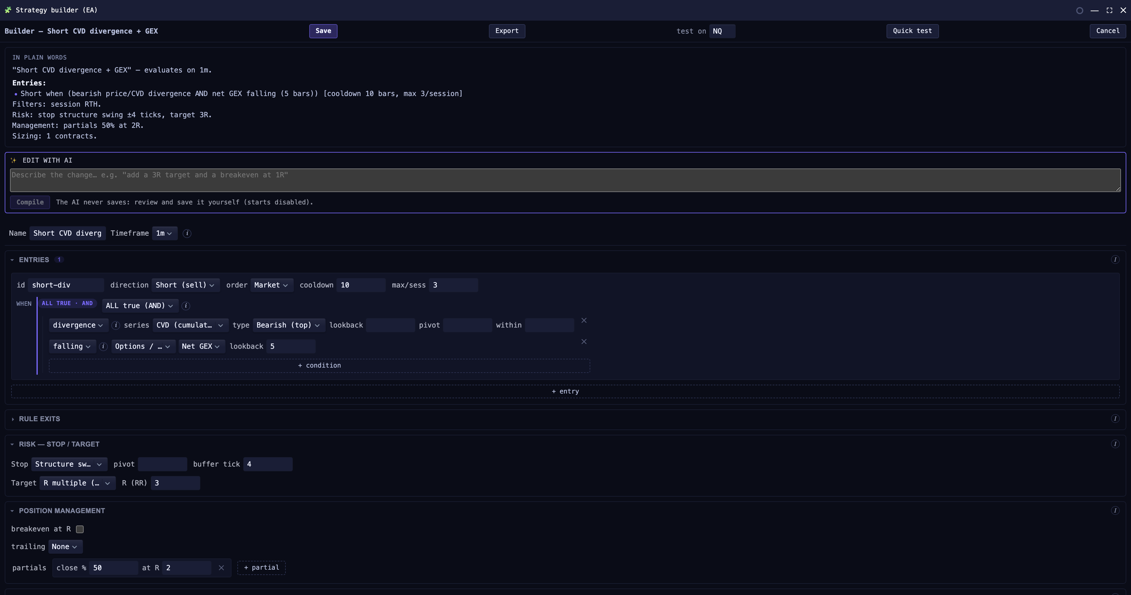 Block strategy builder with a plain-language summary